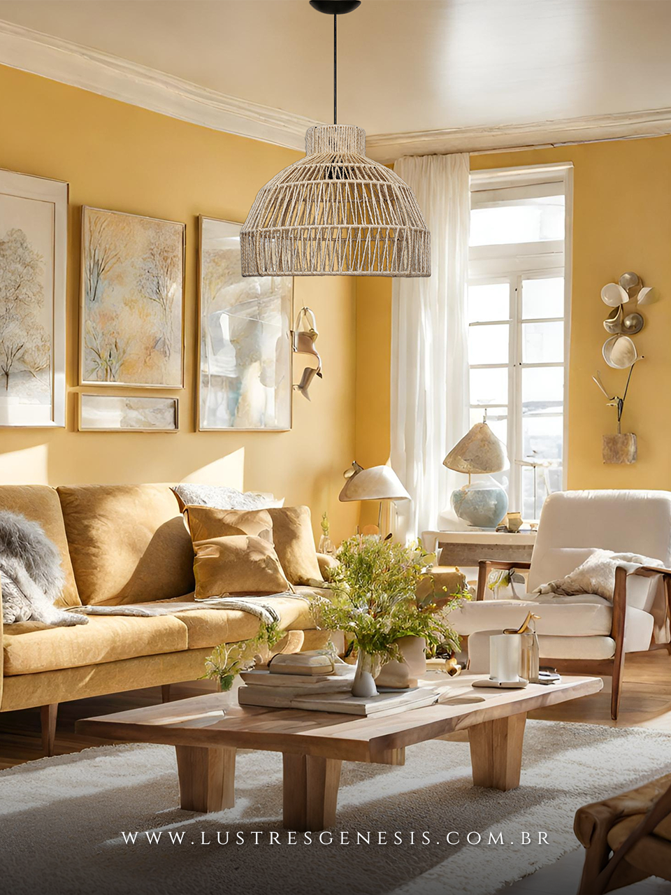 Luminária Pendente Palha Lanai Bege Natural Modelo Rústico 43cm para Sala de Jantar Sala de Estar Quarto Living